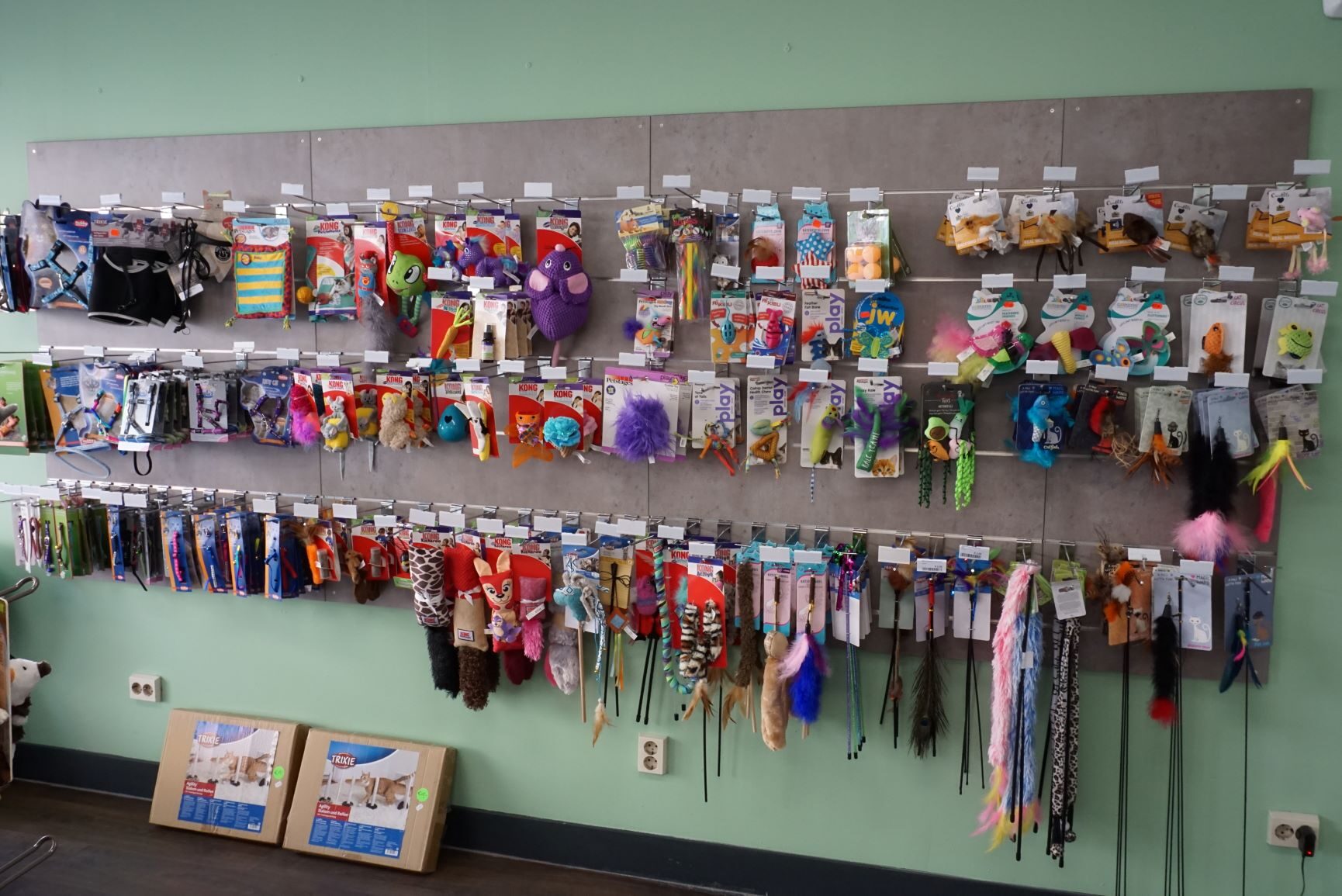 Wand met speelgoed, tuigjes en lijnen voor hond en kat